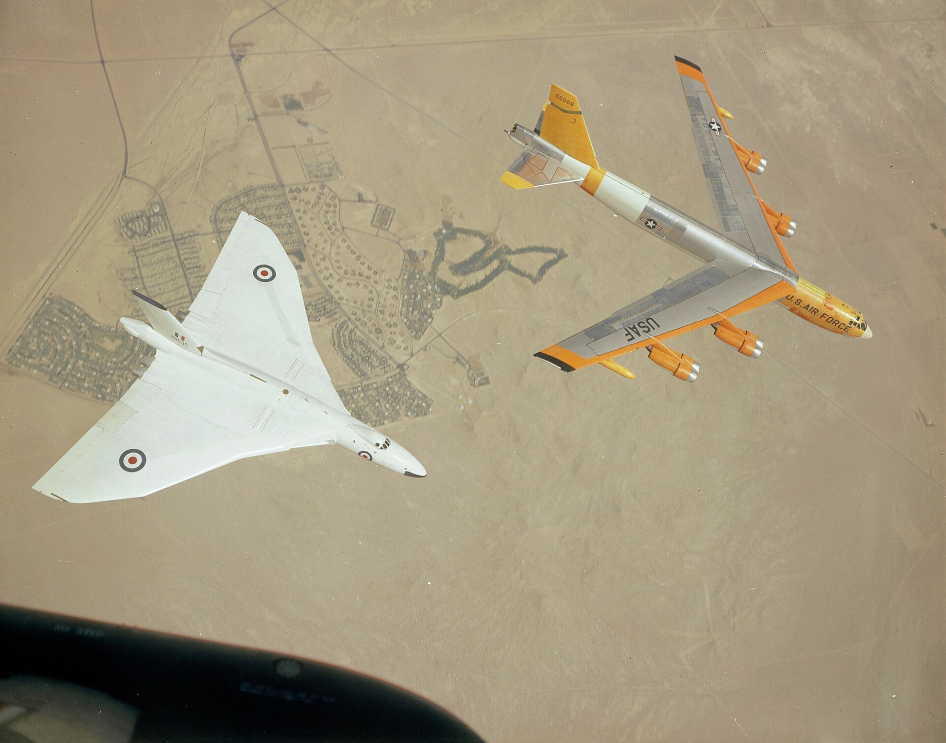 Avro Vulcan flying with a USAF B-52 over Edwards Air Force Base